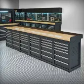 Datona Werkbank PRO – schwarz – 36 Schubladen – 400 cm – Eichenplatte