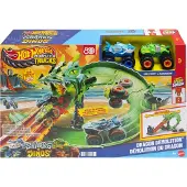 Hot Wheels Monster Trucks Sharks vs. Dinos Drachenzerstörungs-Spielset und 2 Spielzeugtrucks, Monstertruck- & Schienen-Set, 4 Jahr(e), Kunststoff, Mehrfarbig