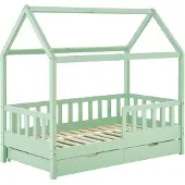 Juskys Kinderbett Marli 90 x 200 cm - Bettkasten, Gitter, Lattenrost & Dach - Holz Mint