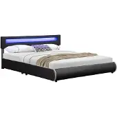 Juskys Polsterbett Sevilla 180 x 200 cm schwarz – Bettgestell mit LED Beleuchtung, Lattenrost & Kopfteil – Kunstleder & Holz – Bett Doppelbett