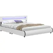 Juskys Polsterbett Sevilla 180 x 200 cm weiß – Bettgestell mit LED Beleuchtung, Lattenrost & Kopfteil – Kunstleder & Holz – Bett Doppelbett