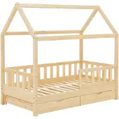 Juskys Kinderbett Marli 90 x 200 cm - Bettkasten, Gitter, Lattenrost & Dach - Holz Natur
