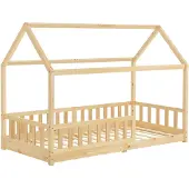 Juskys Kinderbett Marli 90 x 200 cm - Rausfallschutz, Lattenrost & Dach - Holz Natur