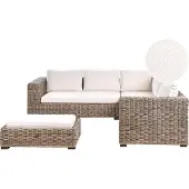 Beliani Garten Lounge Set Grau aus Rattan 5-Sitzer Ecksofa Ottomane Couchtisch Kissen Auflagen Loungemöbel Terrasse Outdoor
