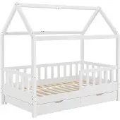 Juskys Kinderbett Marli 90 x 200 cm - Bettkasten, Gitter, Lattenrost & Dach - Holz Weiß