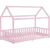 Juskys Kinderbett Marli 90 x 200 cm - Rausfallschutz, Lattenrost & Dach - Holz Rosa