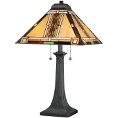 QUOIZEL Elstead Navajo Tischlampe E27 2-fach Bronze und Kunstglas-Schirm Tiffanyglas