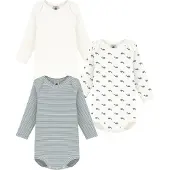 Petit Bateau 3er-Pack Bodys langarm Wale Ringel, natur | blau, 68