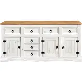 Möbilia Sideboard | mit 3 Türen, 7 Schubladen | Kiefer-Holz | B 174 x T 44 x H 84 cm | 19020045 | weiß lackiert, braune Deckplatte | Serie SIDEBOARD