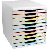 Exacompta MODULO A4 Schubladenbox Weiß/Harlekin, 10 geschlossene Schubladen A4/A4+, leise, Sicherheitsstopp, stapelbar