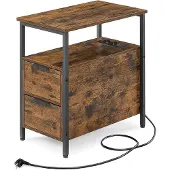 Vasagle Beistelltisch, Nachttisch mit Steckdosenleiste, 2 Schubladen, Sofatisch, Nachtschrank für Wohnzimmer, Schlafzimmer, vintagebraun-tintenschwarz LET325B01