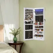 Hobby Hall Schmuckschrank hängend, Spiegelschrank mit LED-Innenbeleuchtung, Wandschrank mit Ganzkörperspiegel JJCB3599WT