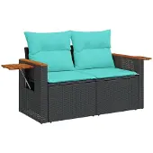 vidaXL Gartensofa mit Kissen 2-Sitzer Schwarz Poly Rattan