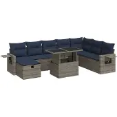 vidaXL 9-tlg. Garten-Sofagarnitur mit Kissen Grau Poly Rattan Akazie