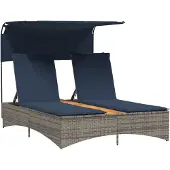 vidaXL Doppel-Sonnenliege mit Dach und Kissen Grau Poly Rattan