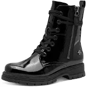 Marco tozzi Schnürboots BY GMK, Damen, Gr. 39, wärmend, schwarz, Lacklederimitat, glänzend, Schuhe Schnürboots, Blockabsatz, Schnürboots mit Zierreißverschluss