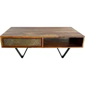 FineBuy Couchtisch rechteckig Sheesham Massivholz 115 cm, Wohnzimmertisch mit 2 Schubladen & Ablagefach, Steinoptik Front, Metallgestell Schwarz