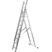 SZ Metall Mehrzweckleiter , 3-teilig, mit 3 x 9 Sprossen, bis 150 kg, EN 131, Quertraverse, Spreizsicherung, Aluminium