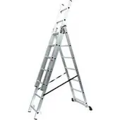 SZ Metall Mehrzweckleiter , 3-teilig, mit 3 x 7 Sprossen, bis 150 kg, EN 131, Quertraverse, Spreizsicherung, Aluminium