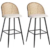 Beliani Barstuhl 2er Set Creme und Schwarz Metall mit Fußstütze Hohe Rückenlehne Wiener-Geflecht Retro Design Wohnzimmer Küche Bar Wohnküche Ausstattung