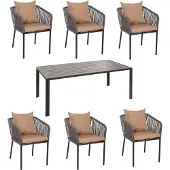 Mendler Gartengarnitur MCW-N41, Tisch+6xStuhl, wetterfest Alu 180x80cm, Seilgeflecht Rope anthrazit Kissen taupe