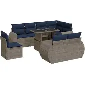 vidaXL 9-tlg. Garten-Sofagarnitur mit Kissen Grau Poly Rattan Akazie
