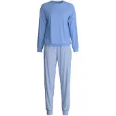 Calida Schlafanzug "Lovely Nights" 2 tlg. Oberteil uni, Hose gestreift, Rundhalsausschnitt, weich, Langarm