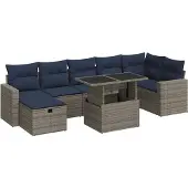 vidaXL 8-tlg. Garten-Sofagarnitur mit Kissen Grau Poly Rattan Akazie