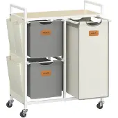 Vasagle Wäschekorb mit 3 Fächern, 100 L Wäschesortierer, Wäschewagen mit Rollen und Ablageflächen, abnehmbare Beutel, 6 Etiketten, Naturbeige, Taubenblau und Cremeweiß BLH202G01