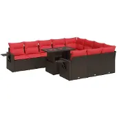 vidaXL 11-tlg. Garten-Sofagarnitur mit Kissen Braun Poly Rattan Akazie