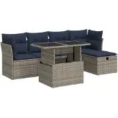 vidaXL 6-tlg. Garten-Sofagarnitur mit Kissen Grau Poly Rattan Akazie