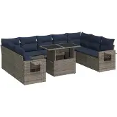 vidaXL 10-tlg. Garten-Sofagarnitur mit Kissen Grau Poly Rattan Akazie