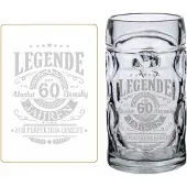 Luxentu Bierkrug "Bierkrug mit Gravur Legende seit 60 Jahren 0,5 Liter transparent"