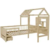 Juskys Kinderbett Yari 90x200 cm - Integrierter Schreibtisch, Praktische Schublade, Massiver Kieferrahmen - natur