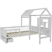 Juskys Kinderbett Yari 90x200 cm - Integrierter Schreibtisch, Praktische Schublade, Massiver Kieferrahmen weiß