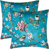 Homescapes OUTDOOR-KISSEN 2er-Set 45/45 cm – Vögel & Zweige