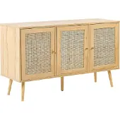 Beliani 3-türiges Sideboard aus hellem Holz mit Rattan Schubladen Boho Style Nachttisch