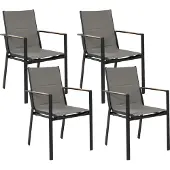 Beliani Gartenstuhl 4er Set Schwarz Aluminium mit Bespannung Grau Stoff Armlehnen Holzoptik Stapelbar Modern Outdoor Indoor Terrasse Balkon Ausstattung
