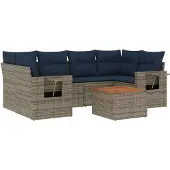 vidaXL 7-teiliges Gartensofa-Set mit Kissen, grau, Polyrattan