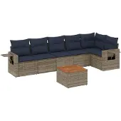vidaXL 7-teiliges Gartensofa-Set mit Kissen, grau, Polyrattan