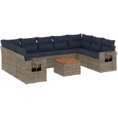 vidaXL 10-teiliges Gartensofa-Set mit Kissen, grau, Polyrattan