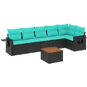 vidaXL 7-teiliges Gartensofa-Set mit Kissen, schwarzes Polyrattan