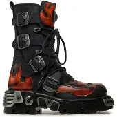 New rock Flame-Akzent-Bikerstiefel aus schwarzem/rotem Leder mit Totenkopf-Motiv – 107-S1