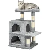 Lionto Kratzbaum für Katzen 80 cm, mit 2 Höhlen, Liegebett & Spielball, Sisalstämme für Krallenpflege, hellgrau