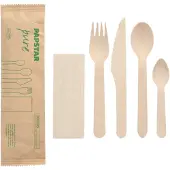 Papstar Bestecksets Holz "pure": Messer, Gabel, Löffel, Serviette | Folie (50 Stück)