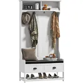 HOMCOM 2-IN-1 Garderobenständer, Kleiderständer mit 4 Haken, Garderobe mit Schuhbank