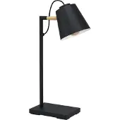 Eglo Tischlampe Lacey, Nachttischlampe mit Lampenschirm, Tischleuchte aus Metall in Schwarz, Creme und Holz in Natur, Leselampe mit E14 , 48,5 cm