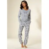 Vivance Pyjama DREAMS, Damen, Gr. 32/34, grau (hellgrau), Single Jersey, Obermaterial: 90% Baumwolle, 10% Polyester, bequem lang, Rundhals, Rippbündchen, Homewear-Sets Pyjama, mit süßem Bärchen-Druck