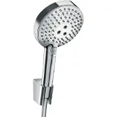 Hansgrohe Duschbrause "Raindance Select S", (Brauseschlauch, Handbrause, Brausehalter), 12cm, 3 Strahlarten PowderRain mit Duschschlauch 125cm, chrom