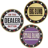 Relaxdays Poker Button Set, 3-teilig, Dealer Button, Big Blind & Small Blind, inkl. Schutzhüllen, Ø 4 cm, je 30 g, gold